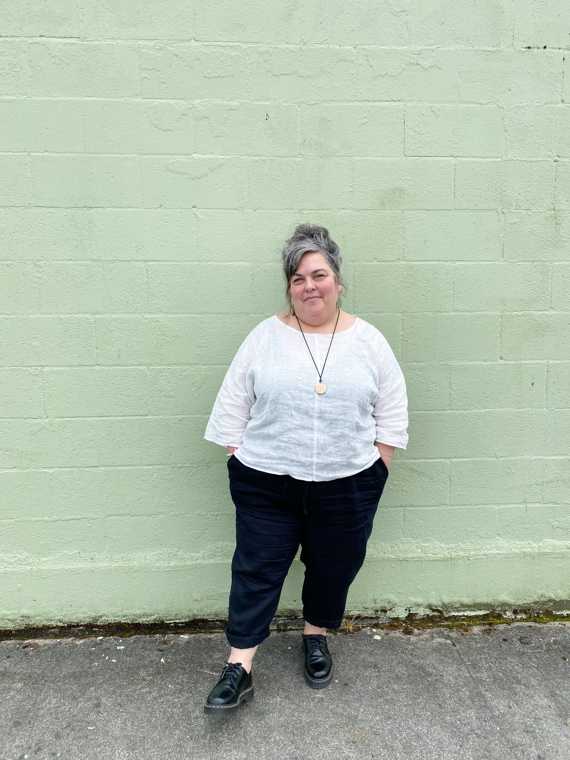 Sheer-ish Linen Ghost Shirt on model.
