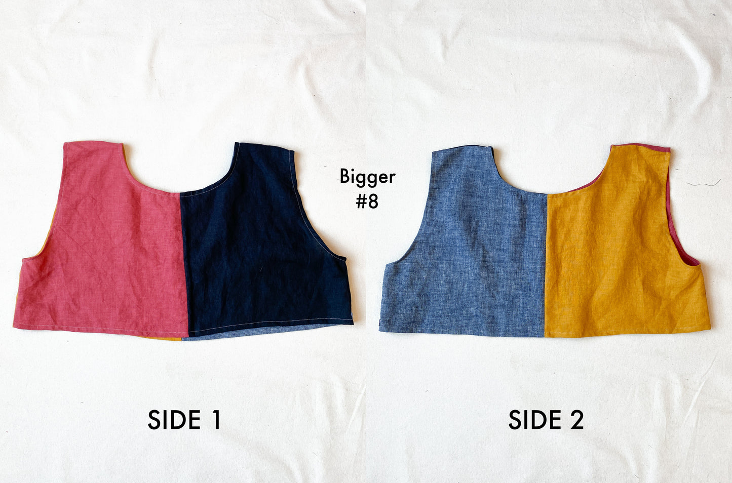 Bigger Tiny Crop in pink, black, denim, and yellow.
