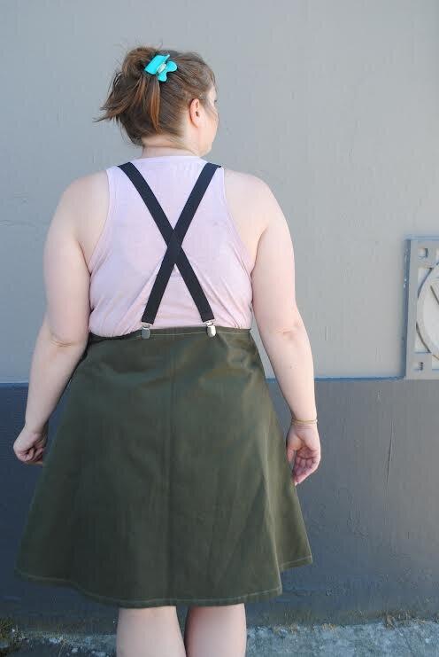 Back view of Evergreen Suspender Dress.