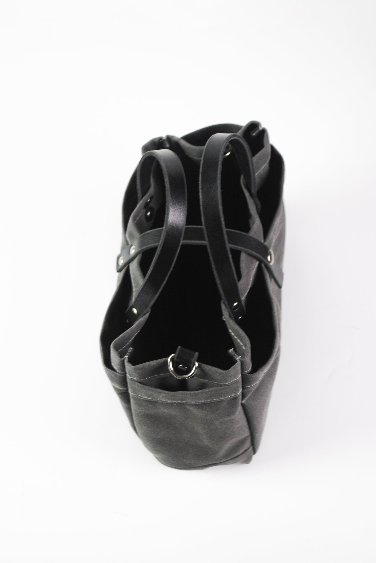 Charcoal, waxed cotton canvas tool bag, top view.