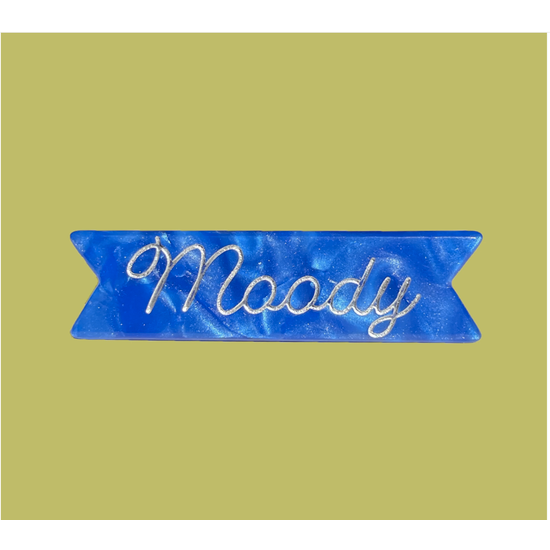 "Moody" hair clip in mood ring blue acetate with silver ink inlay.