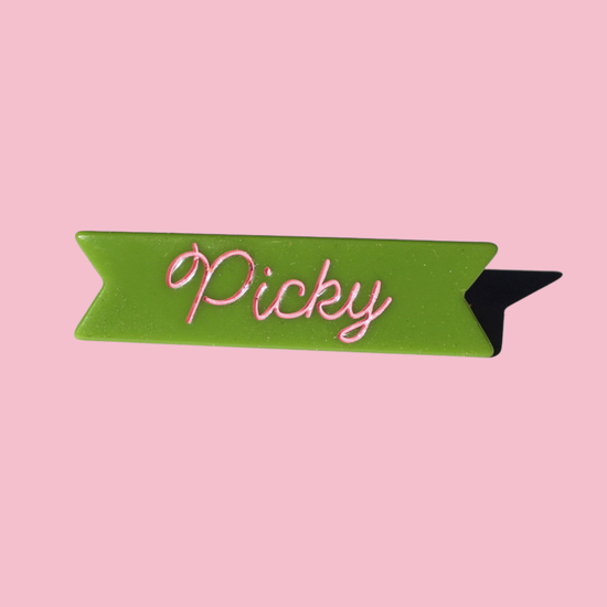 "Picky" hair clip in apple green acetate with pink ink.