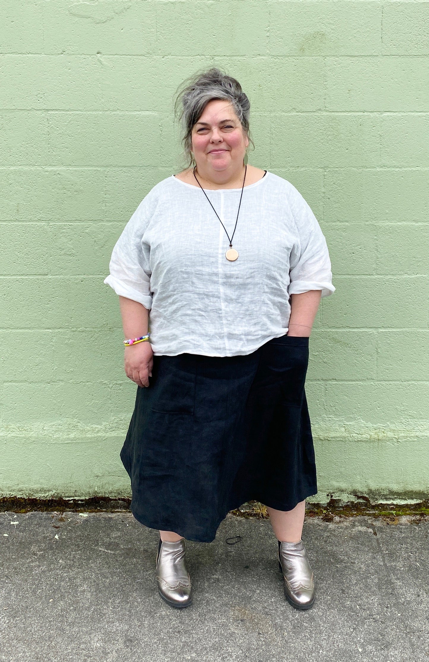 Sheer-ish Linen Ghost Shirt on model. 