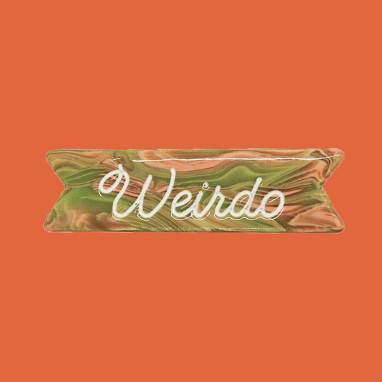"Weirdo" puke swirl cellulose acetate with white engraved ink.