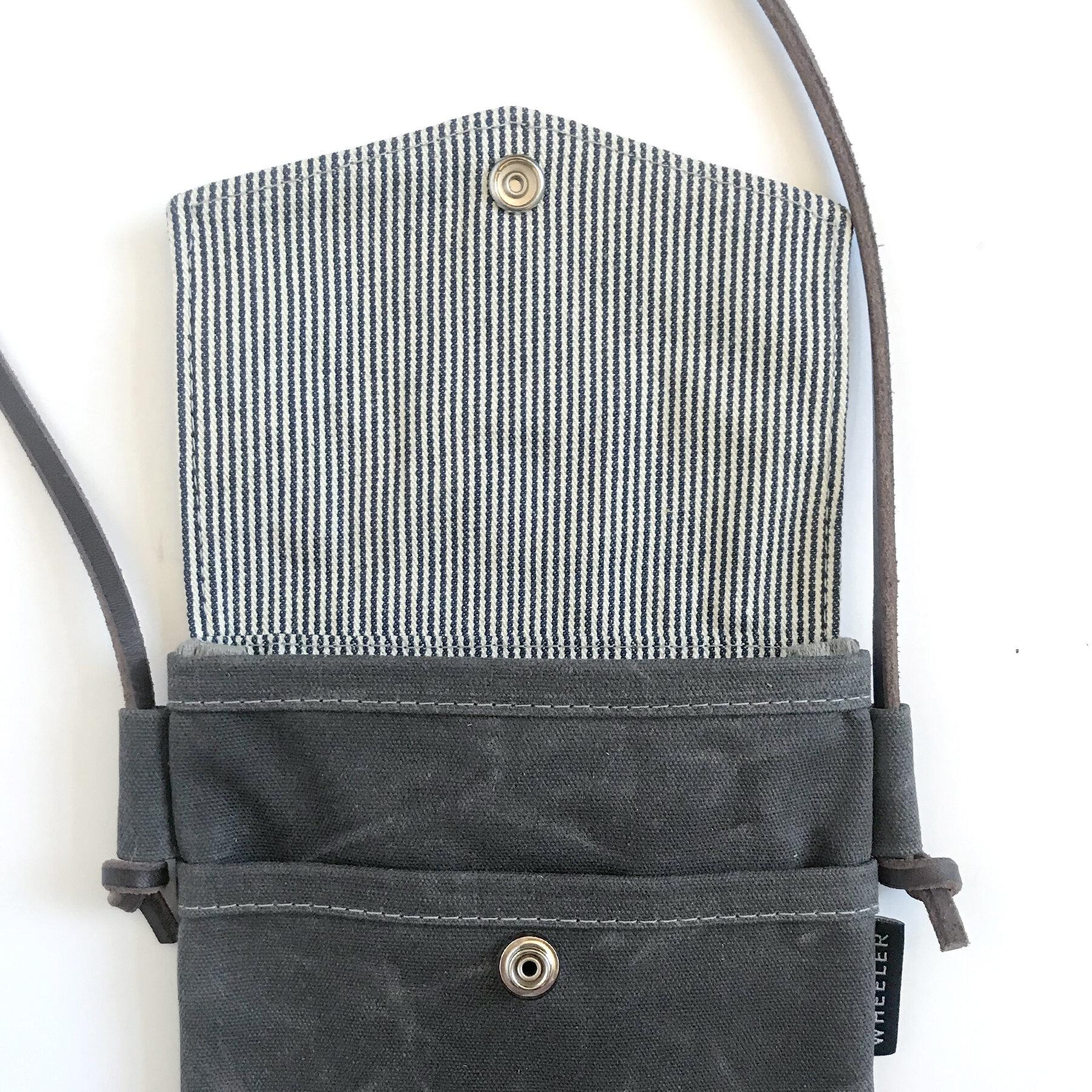 Railroad denim lining, simple crossbody bag detail.