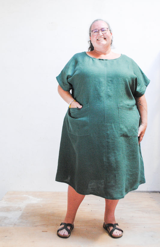 This dress is basic, but not boring. Comfy 100% linen makes it a dream everyday garment. 