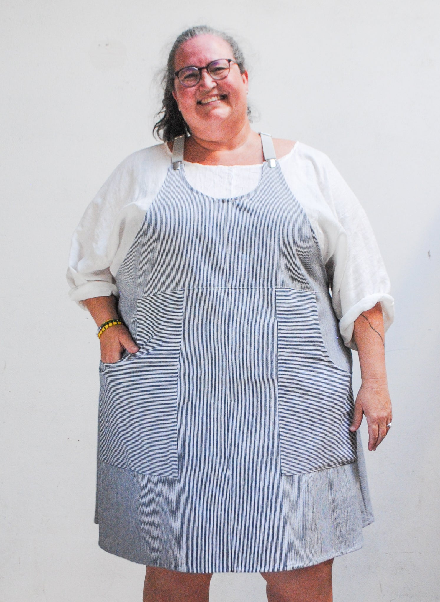 【DRESS HIPPY / 2Way Suspender】 100% Cotton Denim Railroad Stripe Suspender Dress – Shift + Wheeler