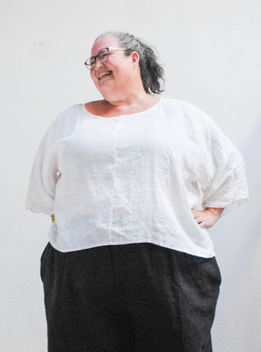Sheer-ish white linen ghost shirt, front view, handmade in Astoria Oregon USA