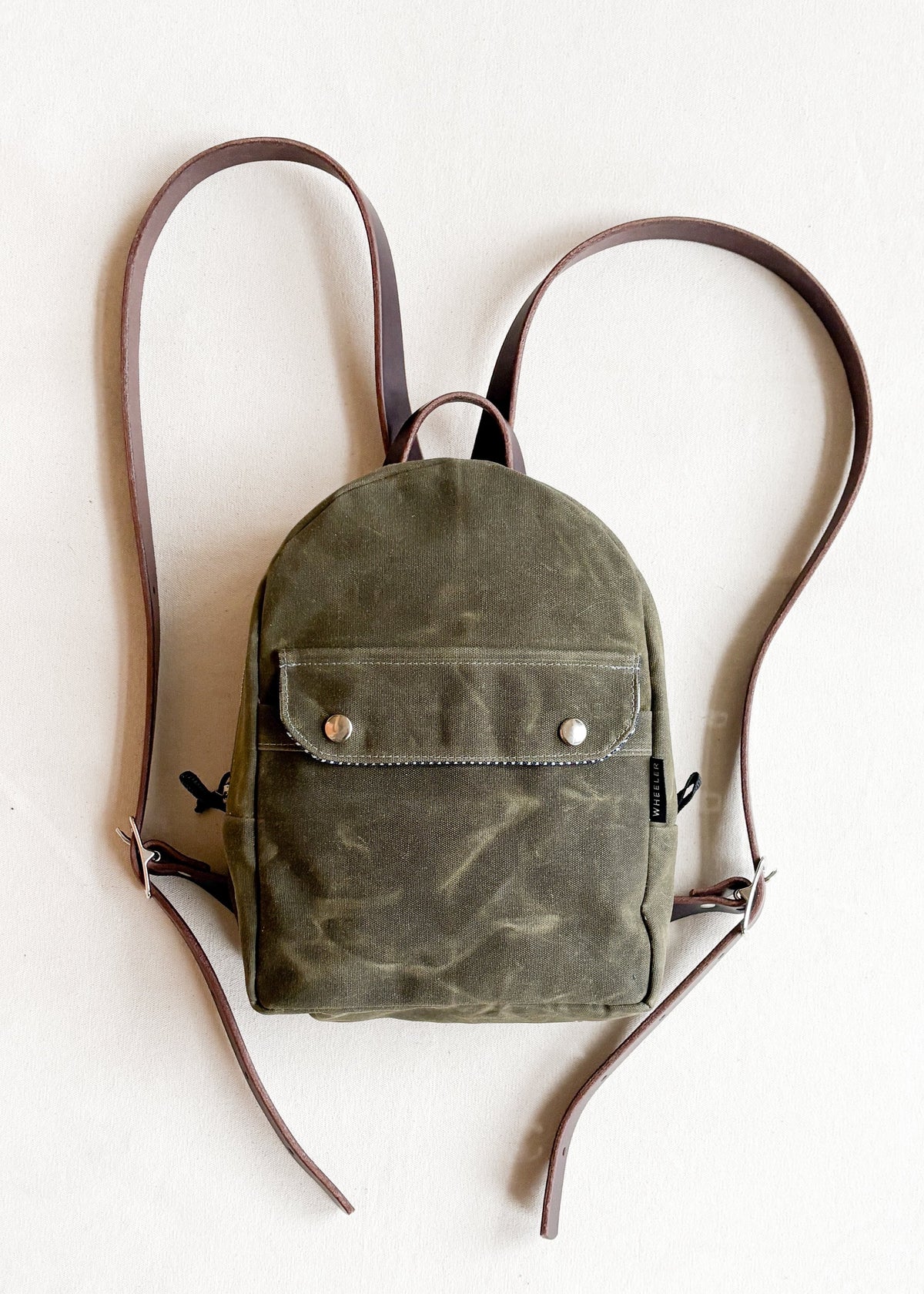2-tone olive handmade Shift + Wheeler waxed canvas mini backpack 
