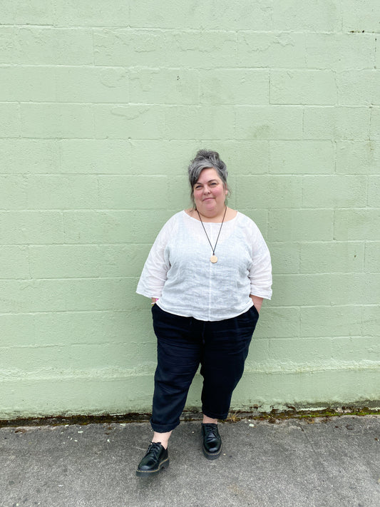 Sheer-ish Linen Ghost Shirt on model.