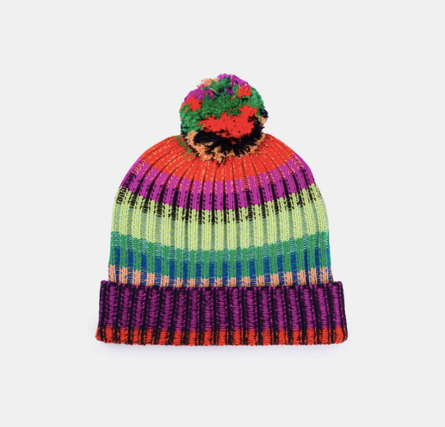 Mosaic Stripe Pom Beanie Hat - Lime Cobalt