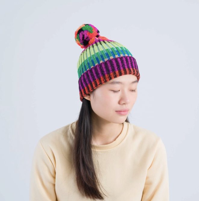 Mosaic Stripe Pom Beanie Hat - Lime Cobalt