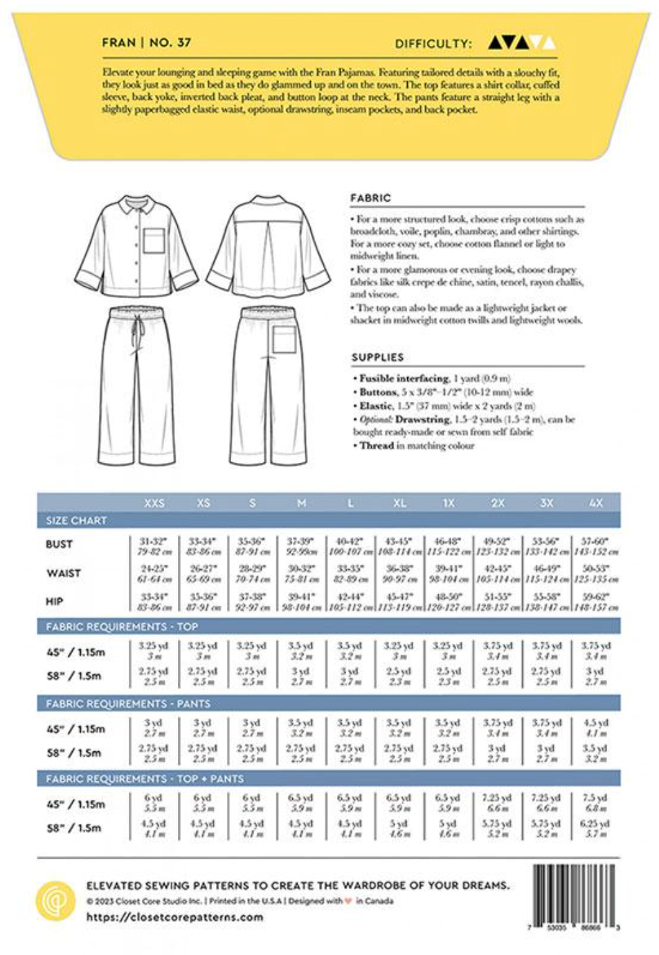 Fran Pajamas Pattern Size XXS - 4X