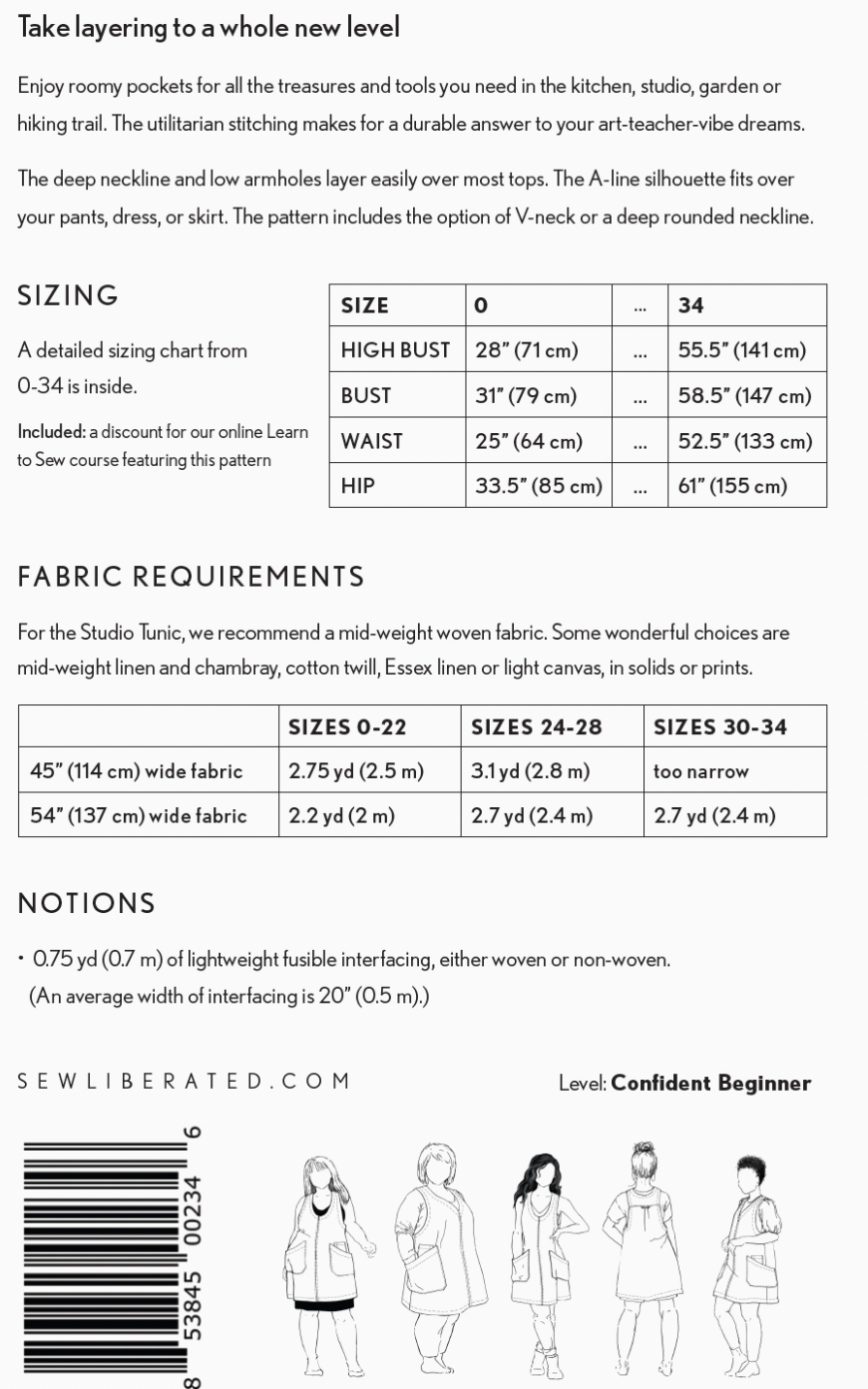 Studio Tunic Sewing Pattern Sizes 0-34