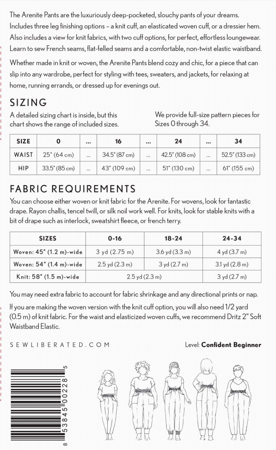 Arenite Pants Pattern Sizes 0-34