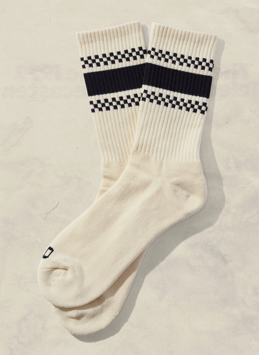 Eggshell Checkerboard Striped Crew Socks