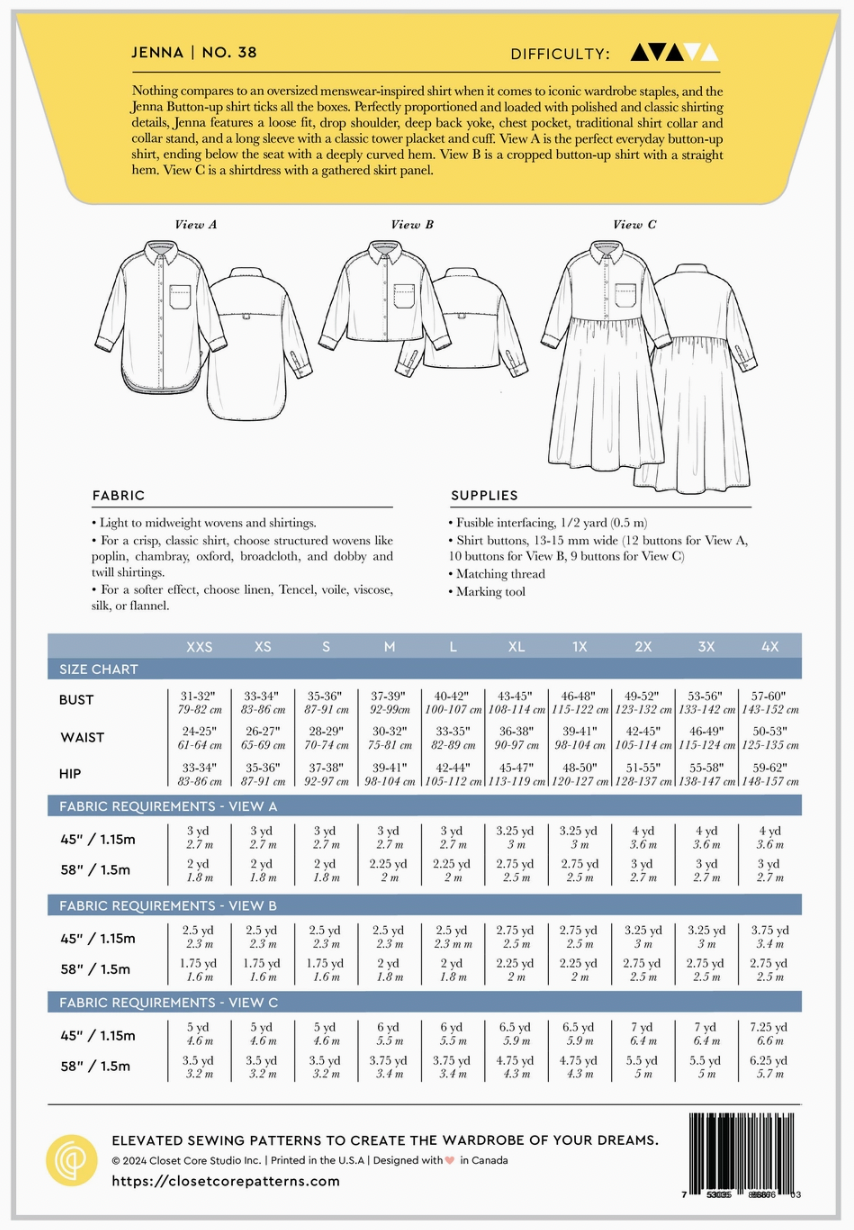 Jenna Shirt + Shirtdress Sewing Pattern XXS-4XL
