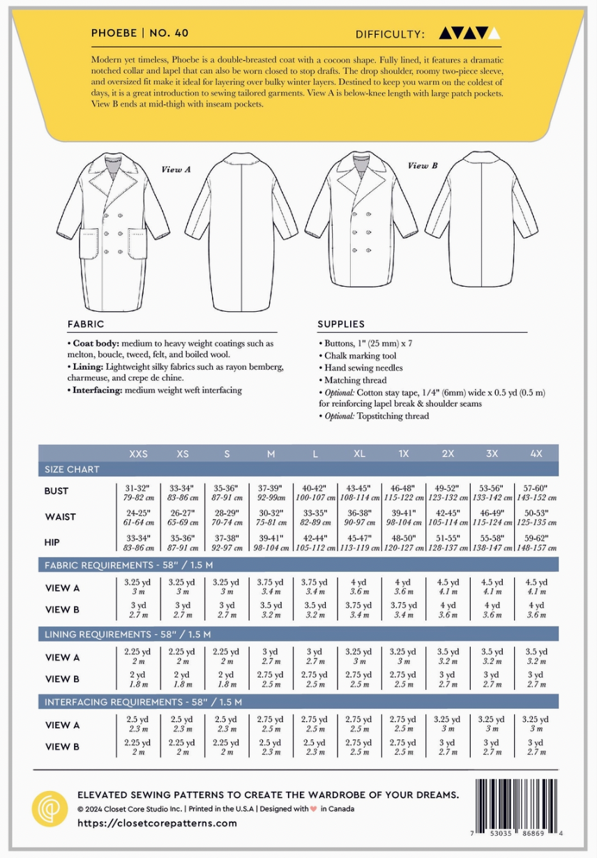 Phoebe Coat Sewing Pattern XXS-4XL