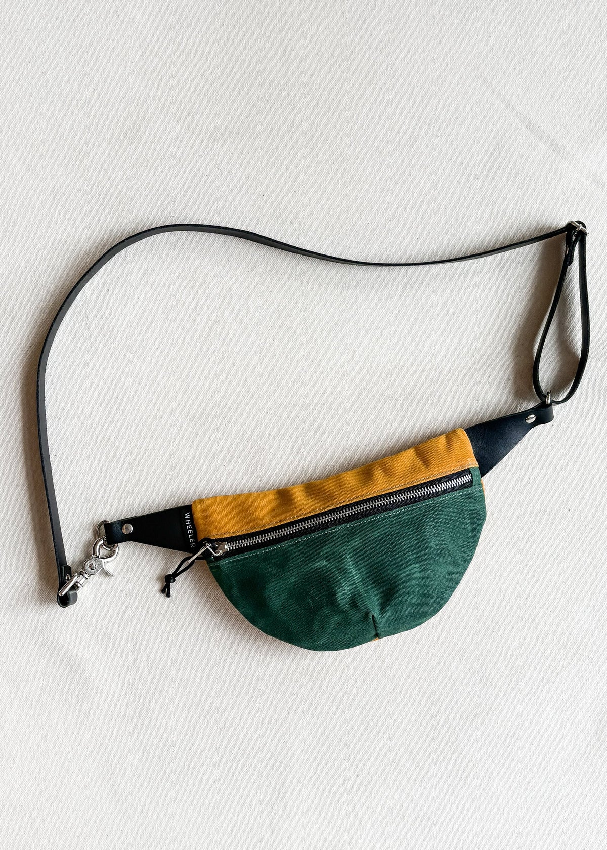 Handmade waxed canvas fanny pack in 2-tone (gold and hunter green)