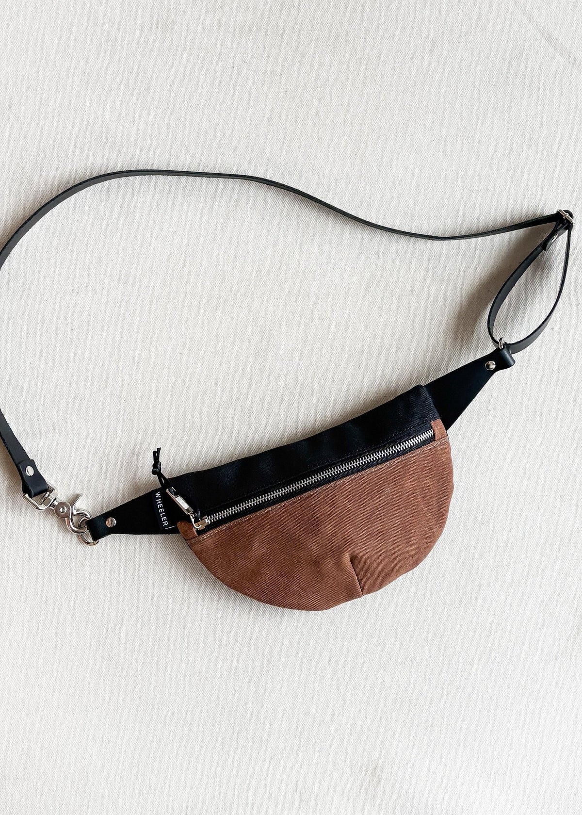 Handmade waxed canvas fanny pack in 2-tone (brown and black)