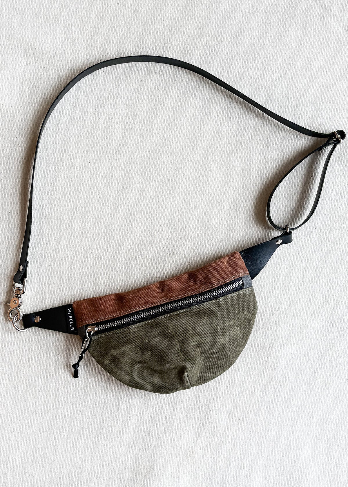 Handmade waxed canvas fanny pack in 2-tone (olive and brown)
