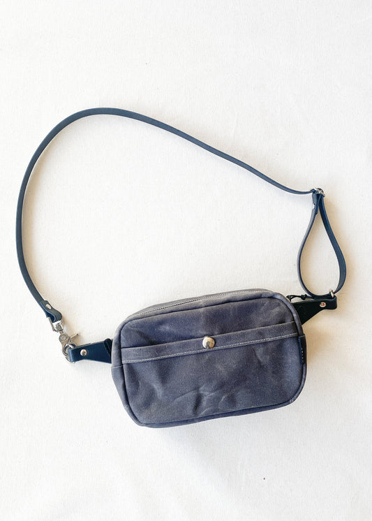 Waxed canvas Shift + Wheeler box bag in charcoal with black leather strap