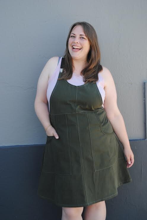 Evergreen Suspender Dress, on model. 