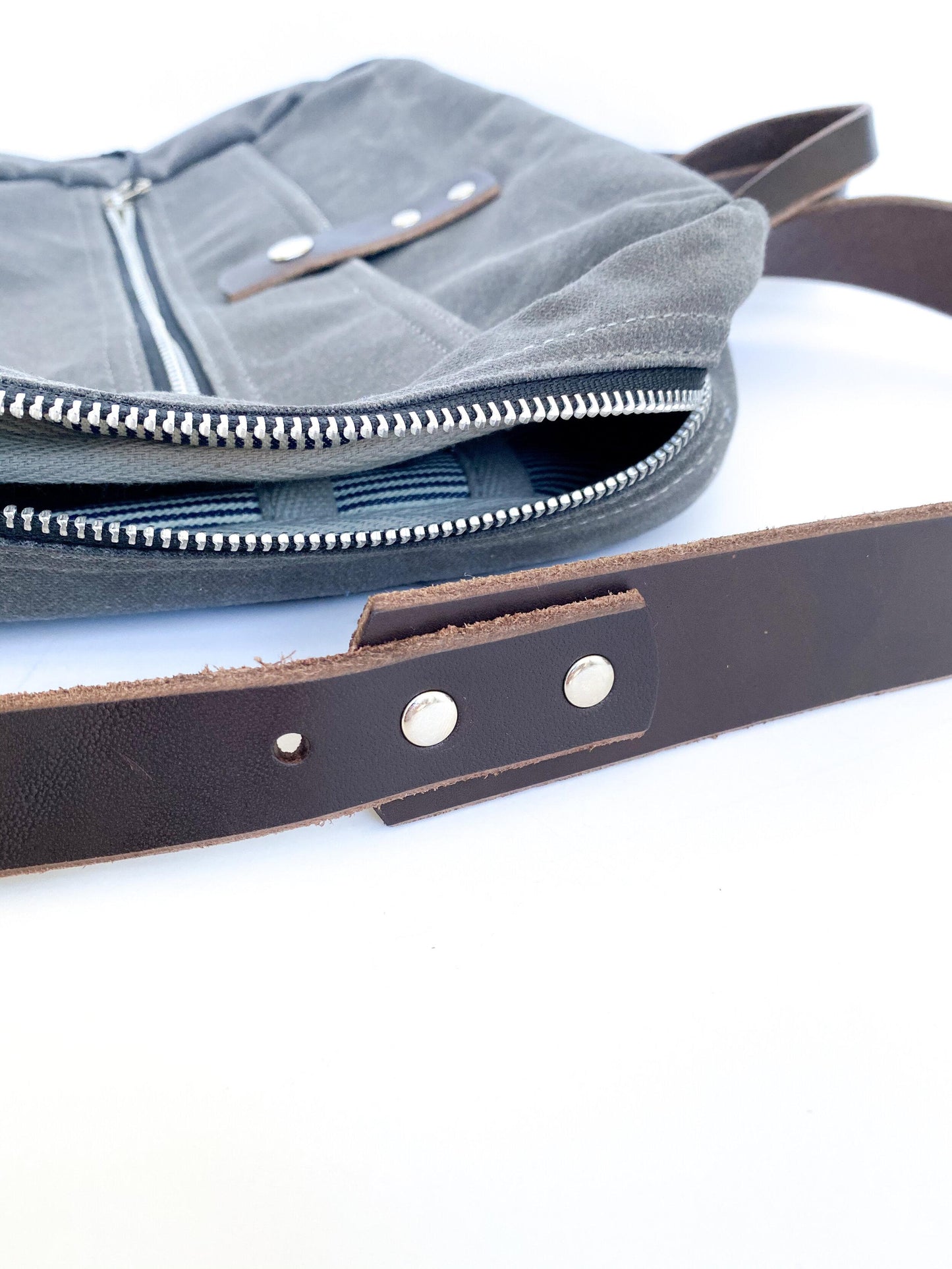 Backpack, zipper, strap & hardware detail.