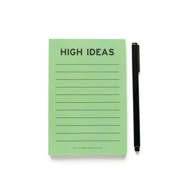 "High Ideas" Notepad. Light green with black text.