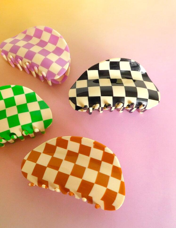 Glossy Lavender & White, Black & White, Green & White, and Caramel & White Checkers Claws.