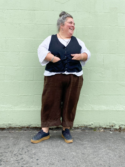 Model in Linen Snap Vest.
