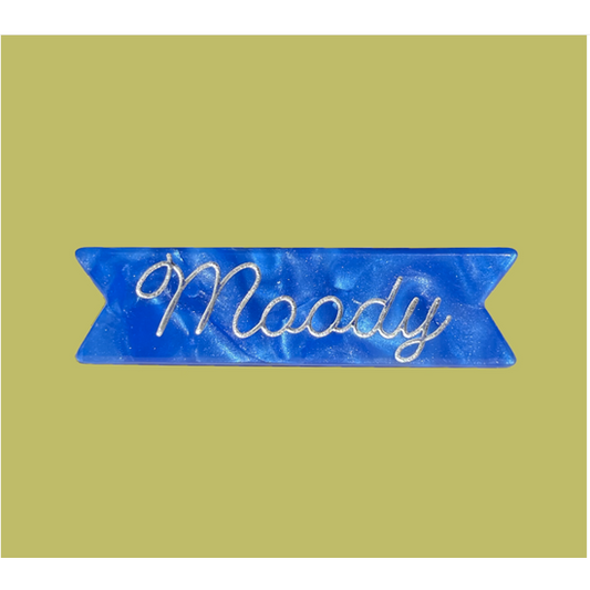 "Moody" hair clip in mood ring blue acetate with silver ink inlay. 