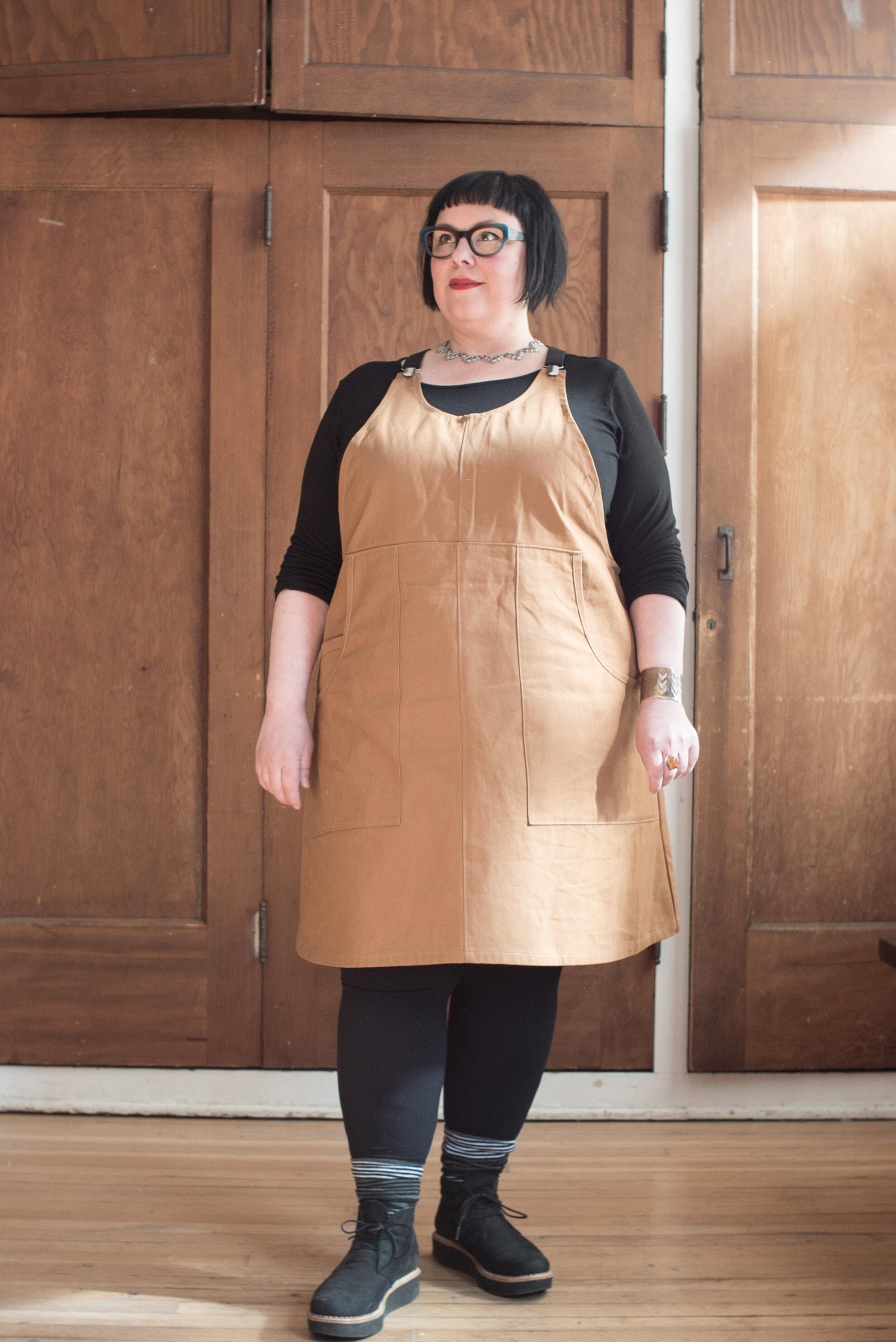 Caramel Canvas Suspender Dress on model.