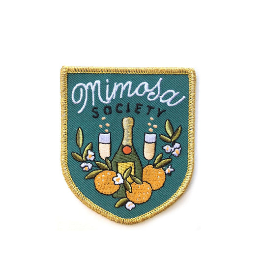 "Mimosa Society" embroidered, iron on patch.